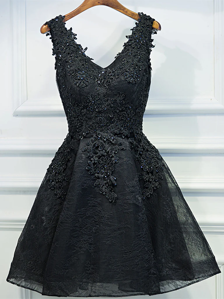 A Line V Neck Short Black Lace Prom Dresses, Black Short Formal Dresses
