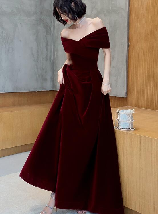 Dark red Velvet off the Shoulder evening Prom Dress Y1561