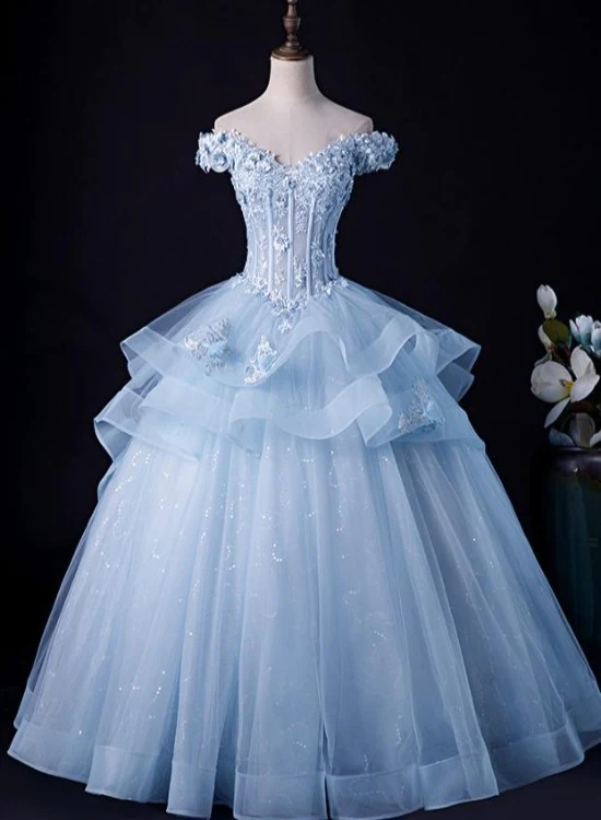 Light Blue Off Shoulder Lace Applique Ball Gown Formal Dress, Blue ...