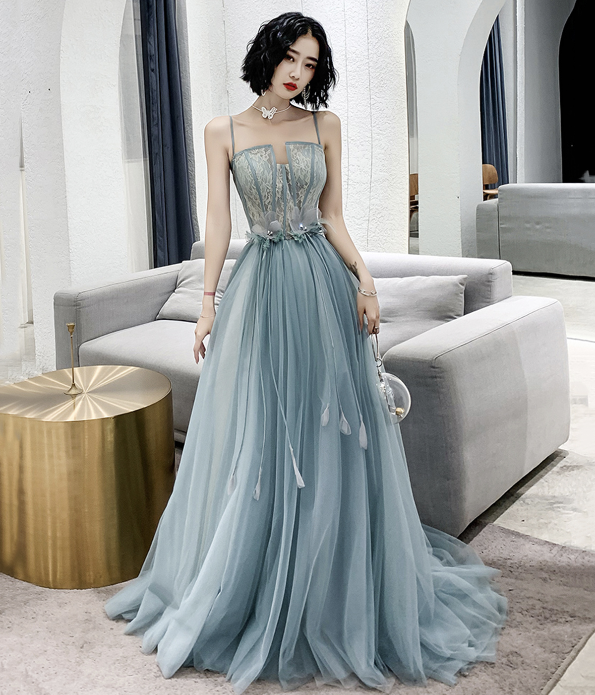 Blue Spaghetti Strap Tulle Long Prom Dress With Lace on Luulla