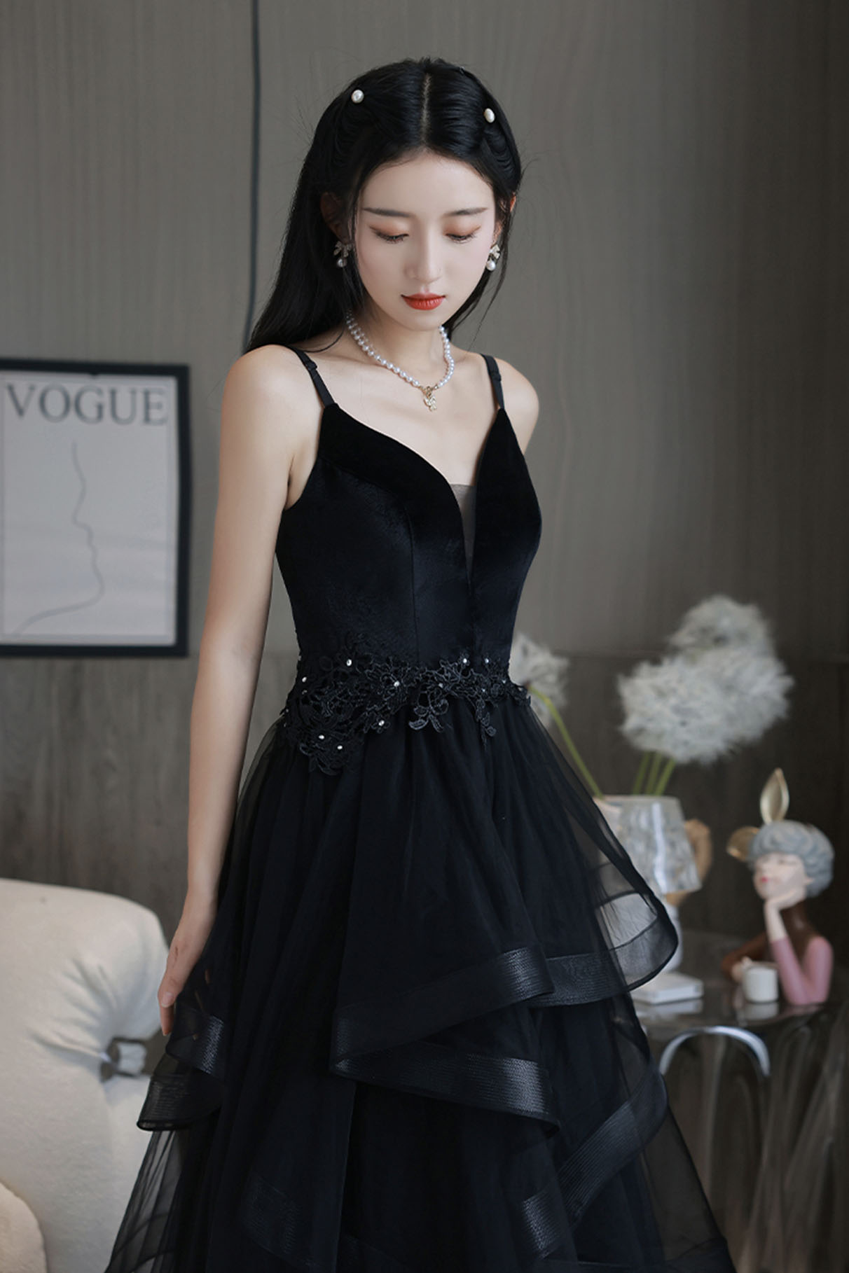 Black V-neck Tulle Long Prom Dress A-line Evening Dress on Luulla