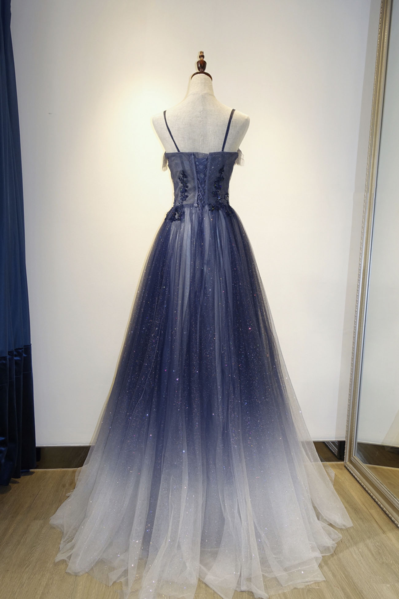 Elegant Blue Beaded Tulle Long Junior Prom Dress, Sequins Prom Dress