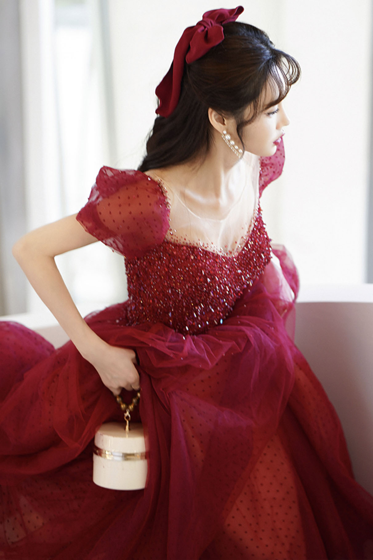 Chic Sheath Strapless Burgundy Tulle Evening Dress Long Prom Dresses