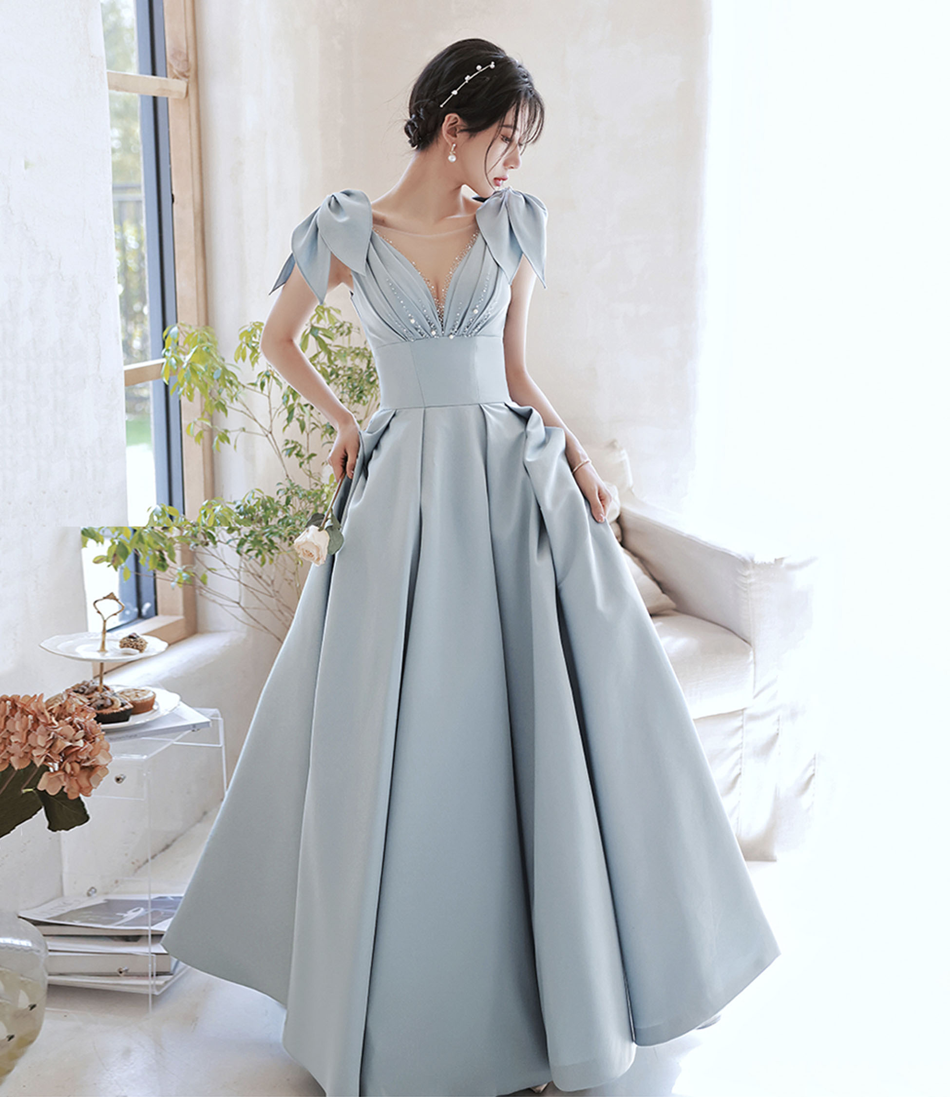 A-Line Blue Satin Prom Dress main image 0