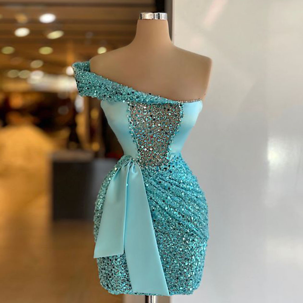 Sparkle Formal Party Dresses 2023 One-shoulder Sequin Beading Sheath ...