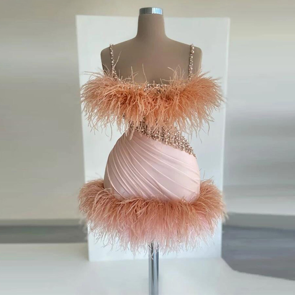Women’s Visible Sparkly Party Evening Mini Dress with Feather Cuffs