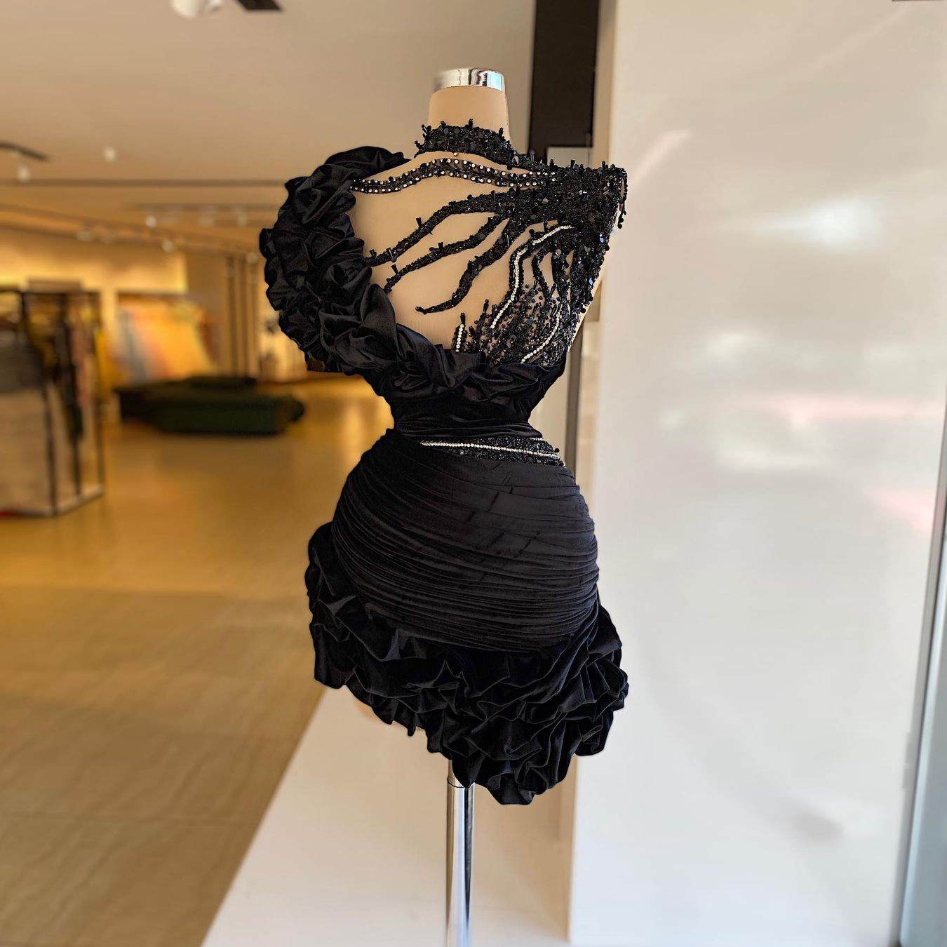 Black Sexy Elegant Prom Dresses Handmade Ruffles Crystals Appliques ...