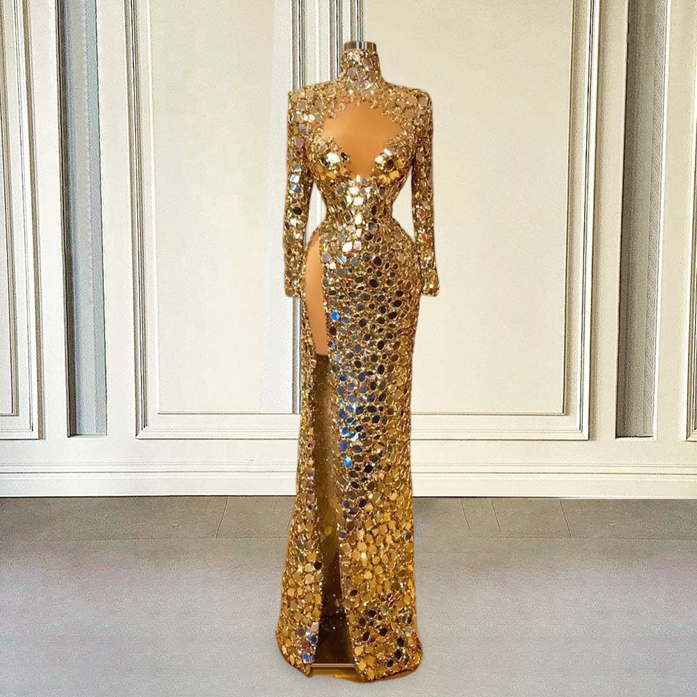 Shiny Sequin Gold Evening Dress Luxury Mermaid Long Sleeves High Slit ...