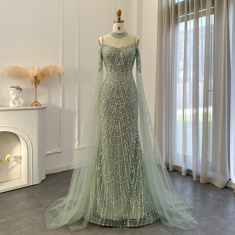 Sage Green Mermaid Luxury Dubai Evening Dress With Cape Sleeves Elegant ...