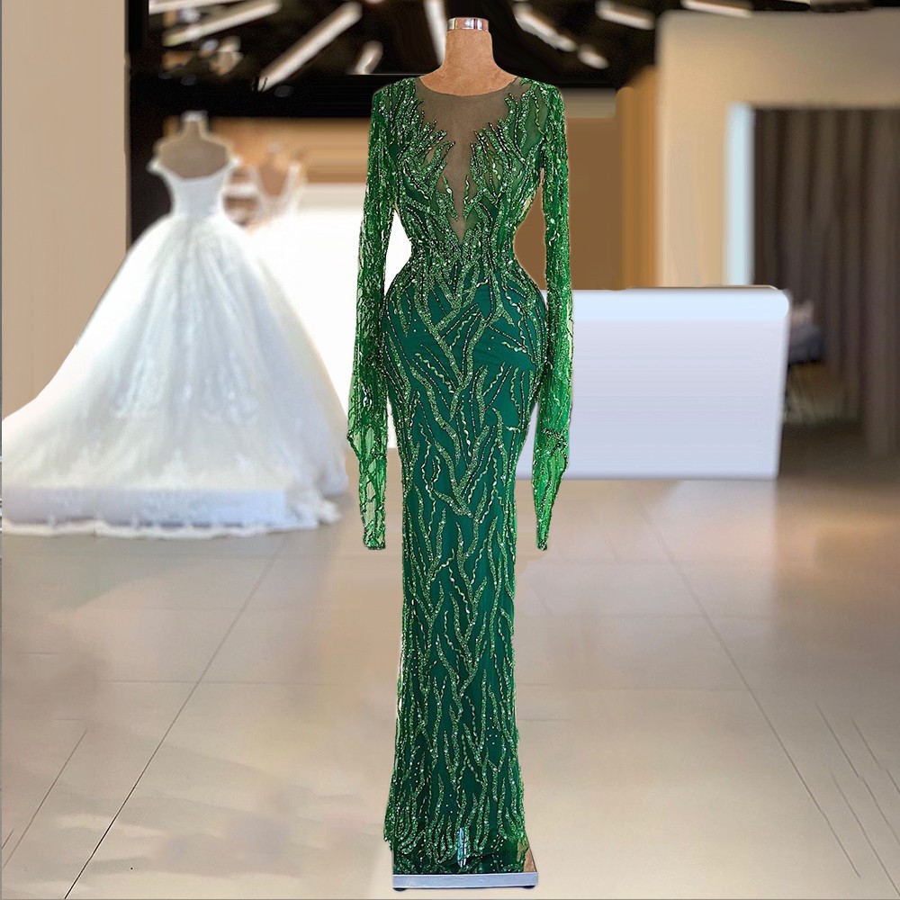 Green Luxury Long Sleeve Mermaid Evening Dress Sparkly Beaded For Women ...
