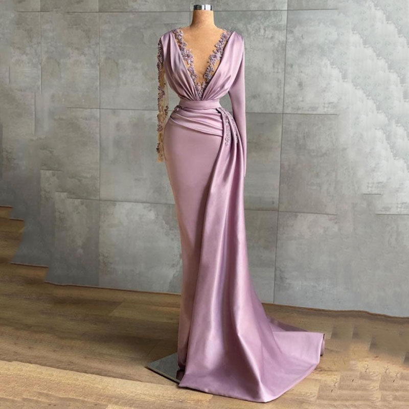 Designer Long Purple V-neck Sleeveless Mermaid Prom Dress main image 1