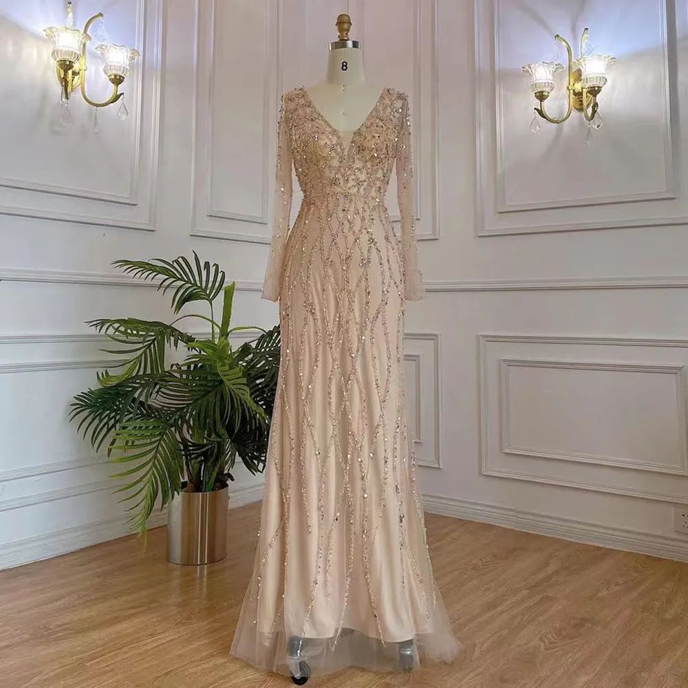 Muslim Navy Blue Luxury Evening Dresses Gowns 2025 Beaded Mermaid Elegant For Women Party LA71359