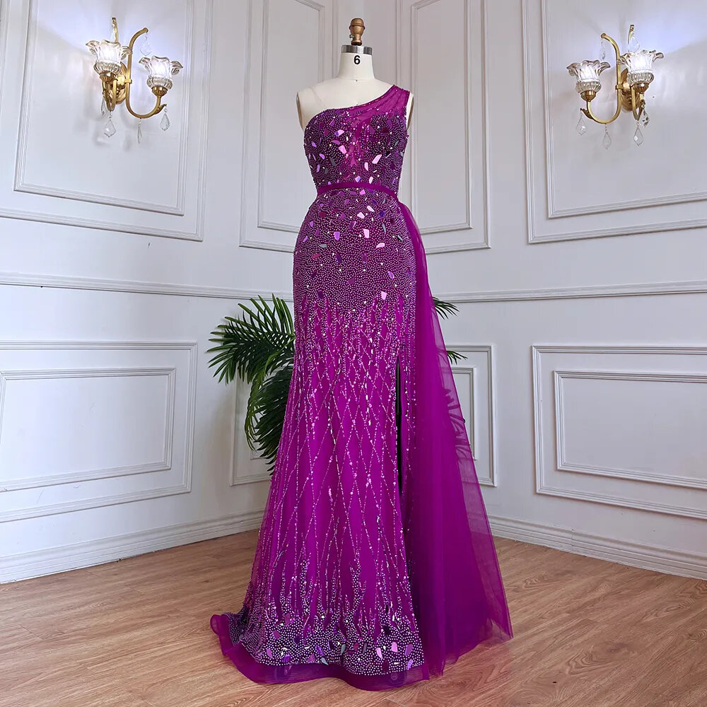 Arabic Purple Mermaid One Shoulder Sexy High Split Beaded Luxury Evening Dresses Gowns For Women