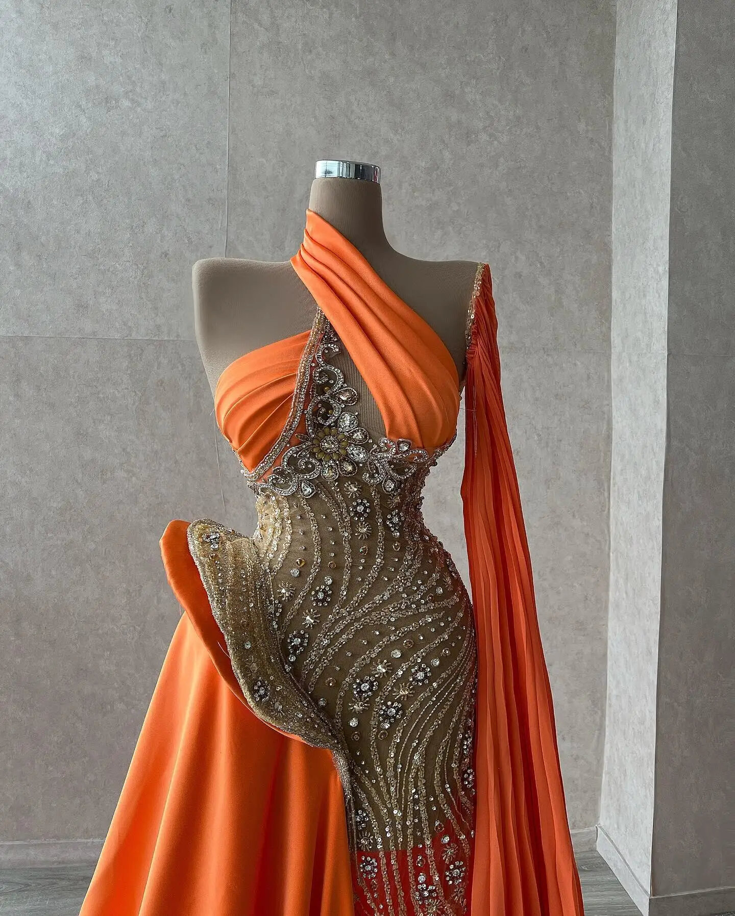 Lace See Through with Beaded Bodice Gowns Orange