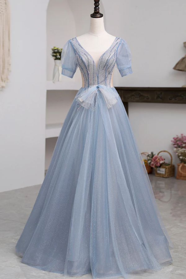 Blue Short Sleeve Tulle Floor Length Prom Dress With Beaded, Blue A ...