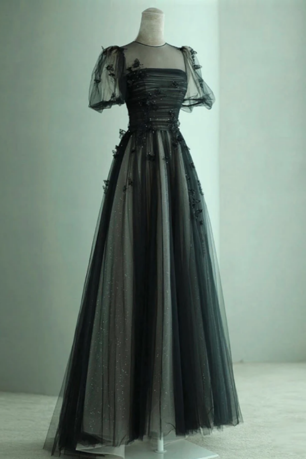 A Line Black Puff Sleeves Tulle Long Prom Dress, Black Formal Evening ...