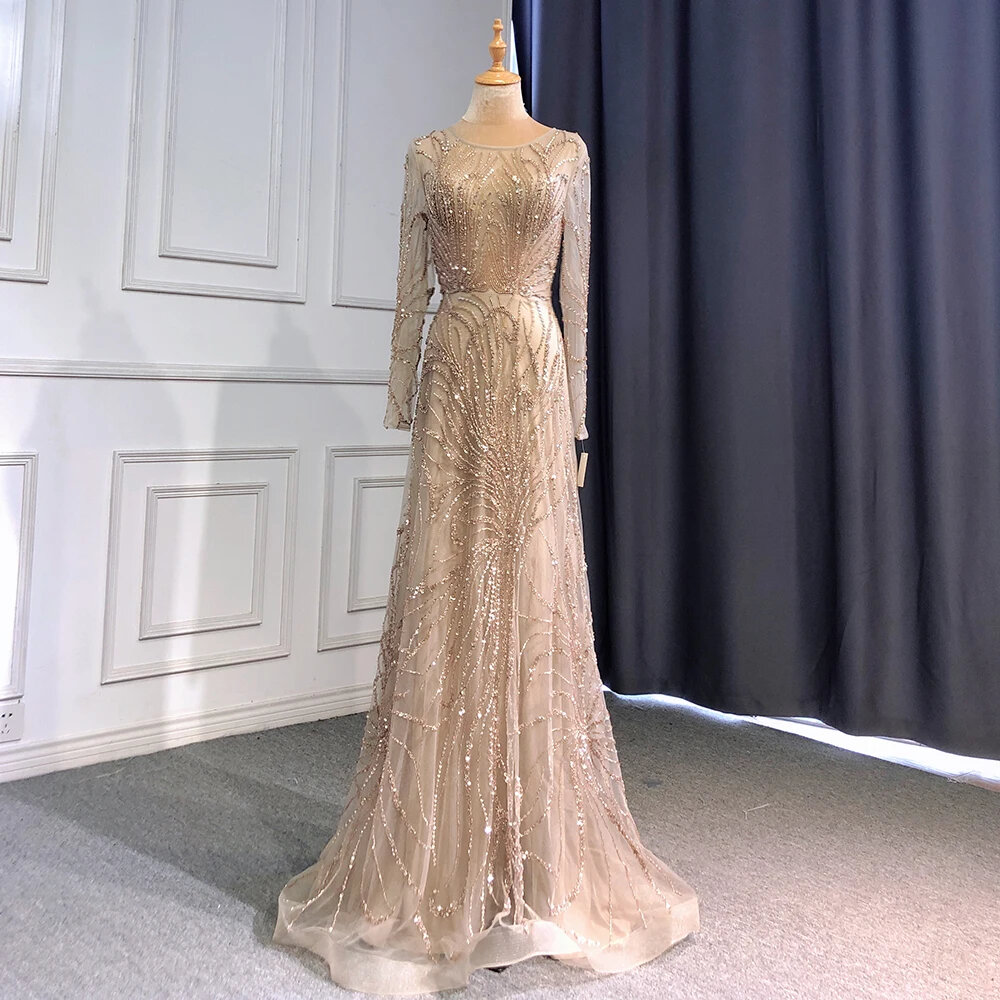 Luxury Caramel One Shoulder Beaded Slit Evening Gown with Tassel Detail LA72926 main image 1