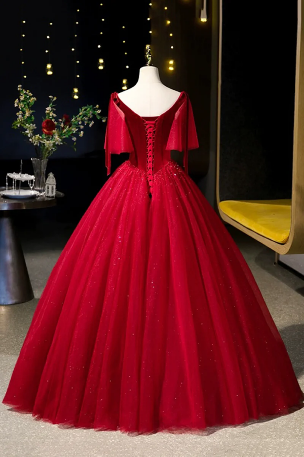 Burgundy Velvet And Tulle Long Prom Dress, A Line V Neck Formal Evening ...