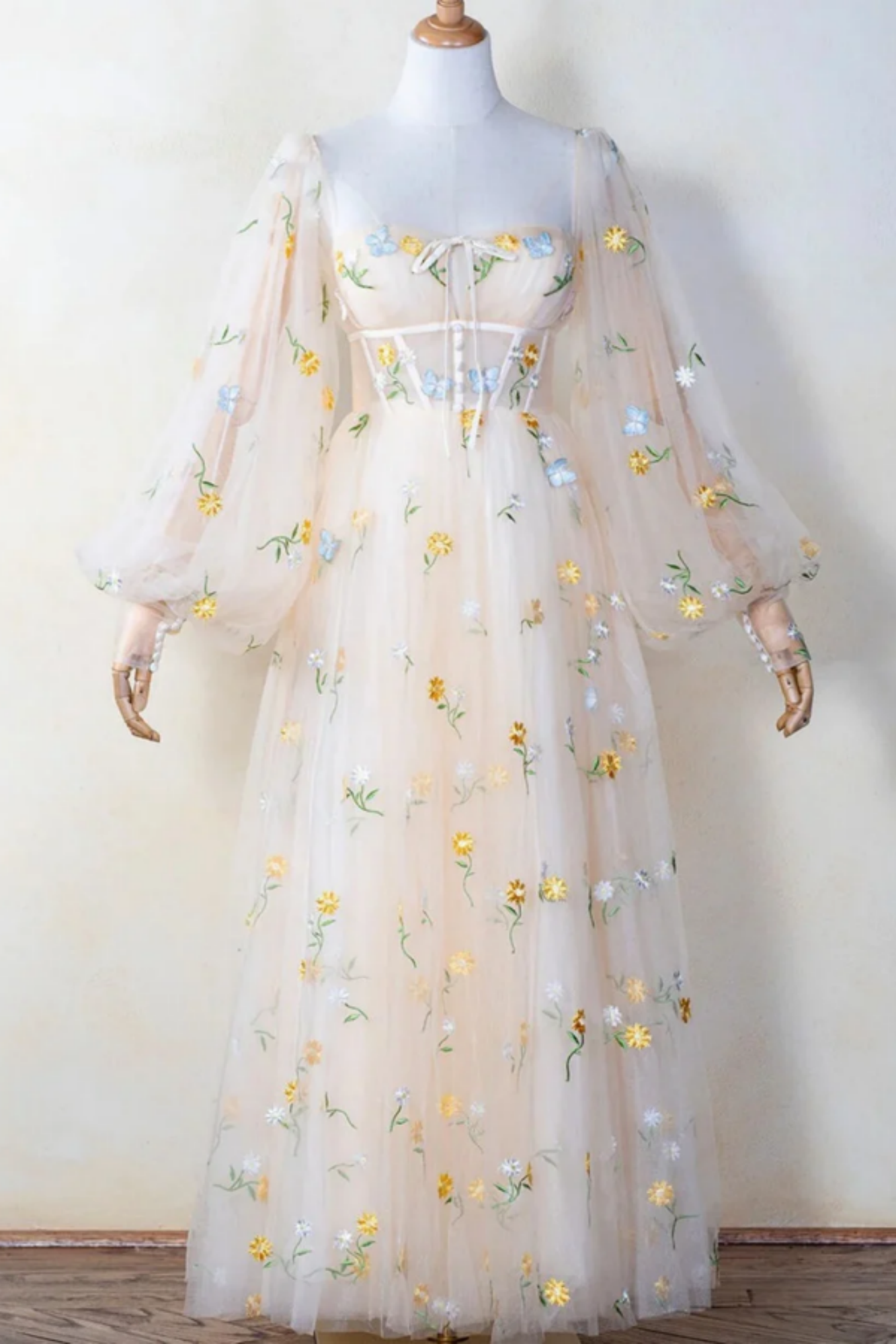 Light Champagne Tulle with Blue Velvet Long Party Dress Formal Dress, A-line Prom Dress 2022