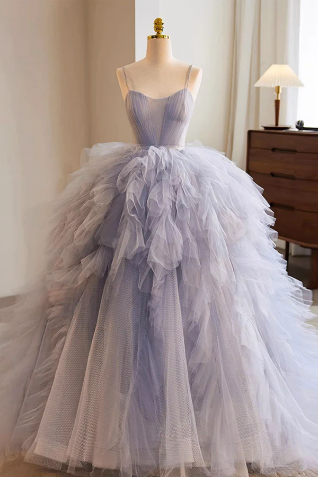 Beautiful Light Blue Tulle Long Prom Dress, Ball Gown Blue Sweet 16 Dresses