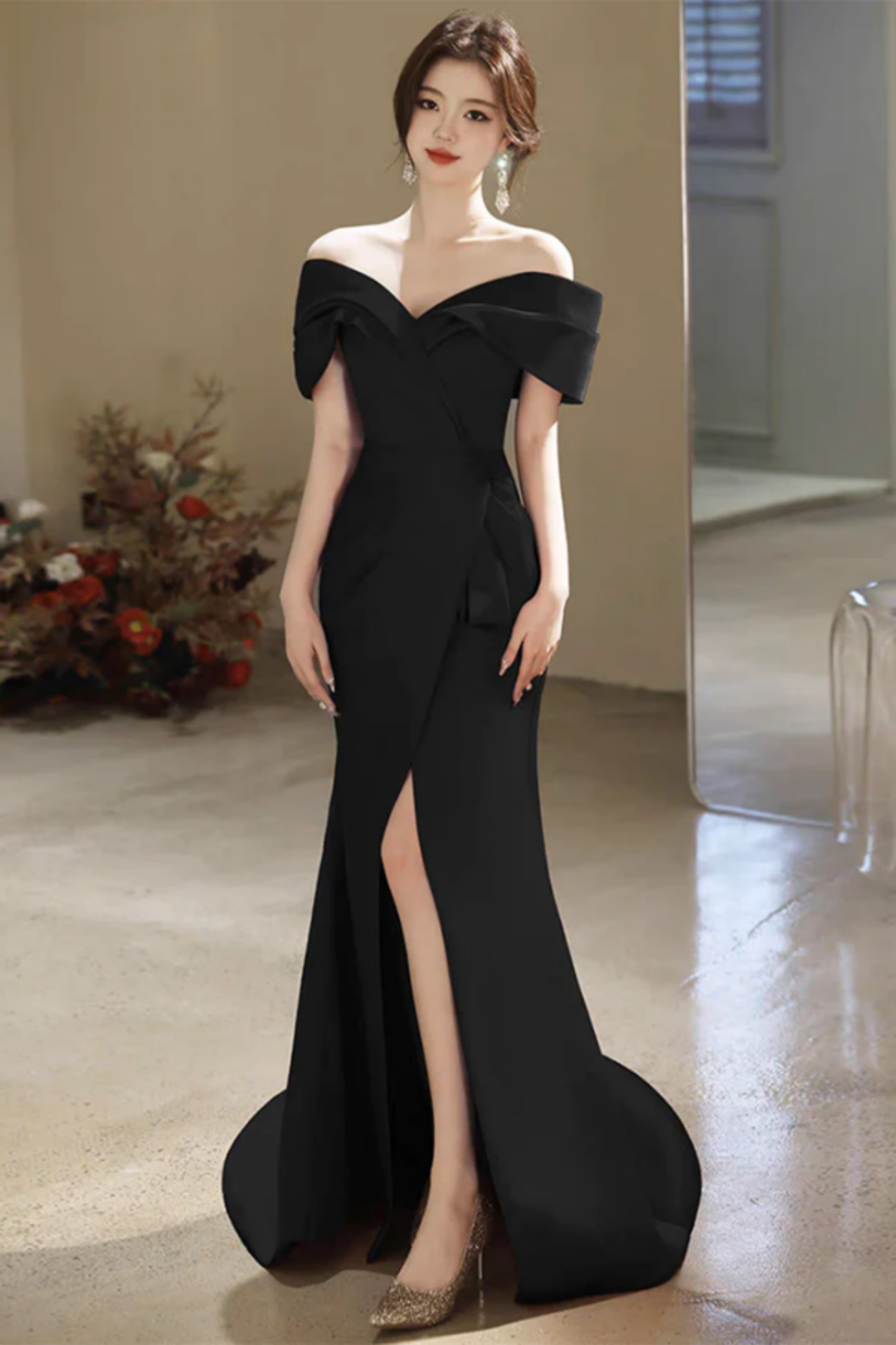 One Shoulder Black Satin Mermaid Formal Long Evening Prom Dresses, DM0156 main image 1