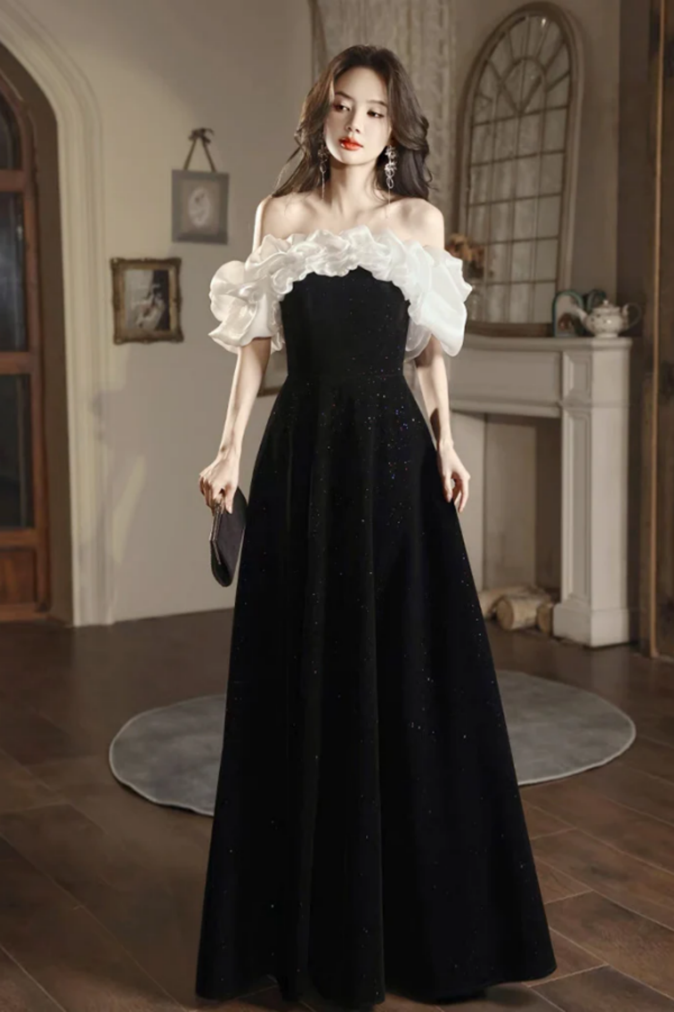 Beautiful Velvet Off Shoulder Black Tea Length Evening Dresses, New Chic Prom Dress c2481 main image 1