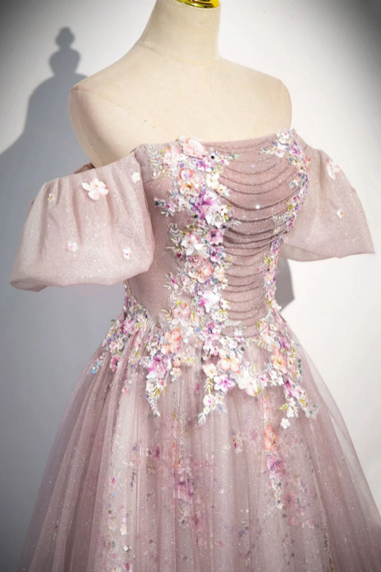 A-Line Off Shoulder Tulle Lace Pink Long Evening Prom Dress, Pink Long Evening Dress main image 1