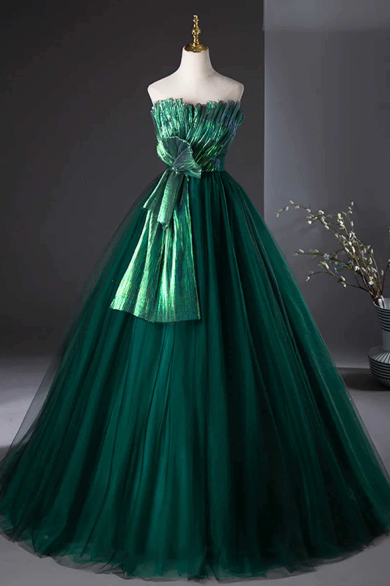 Dark Green Velvet with Tulle Long Party Dress, Dark Green A-line Formal Dress Prom Dress main image 0