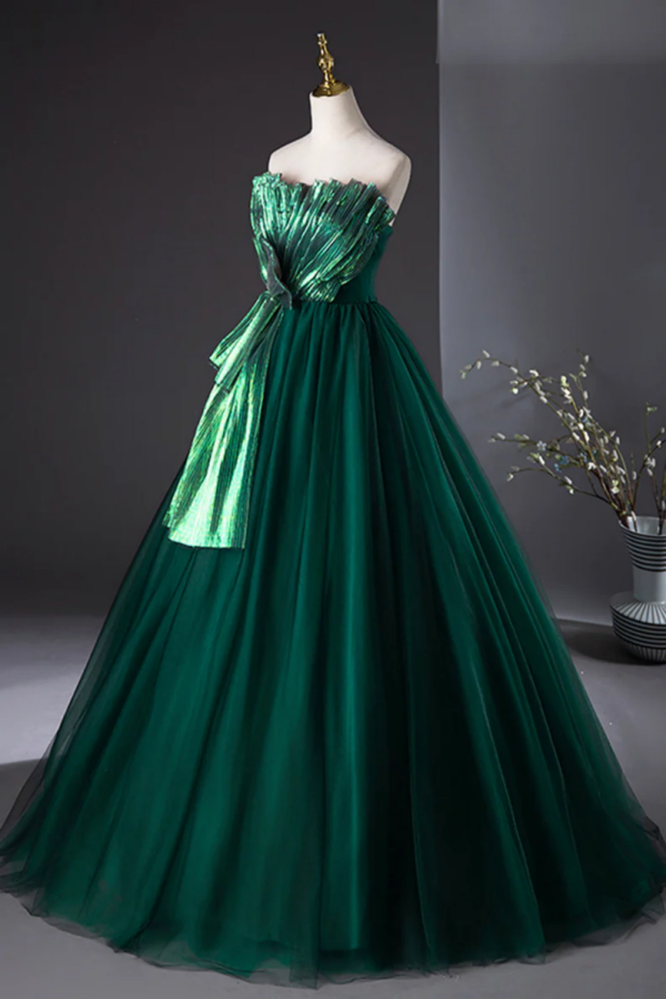 Dark Green Strapless Tulle Long Prom Dress, Beautiful A Line Formal Evening Dress on Luulla