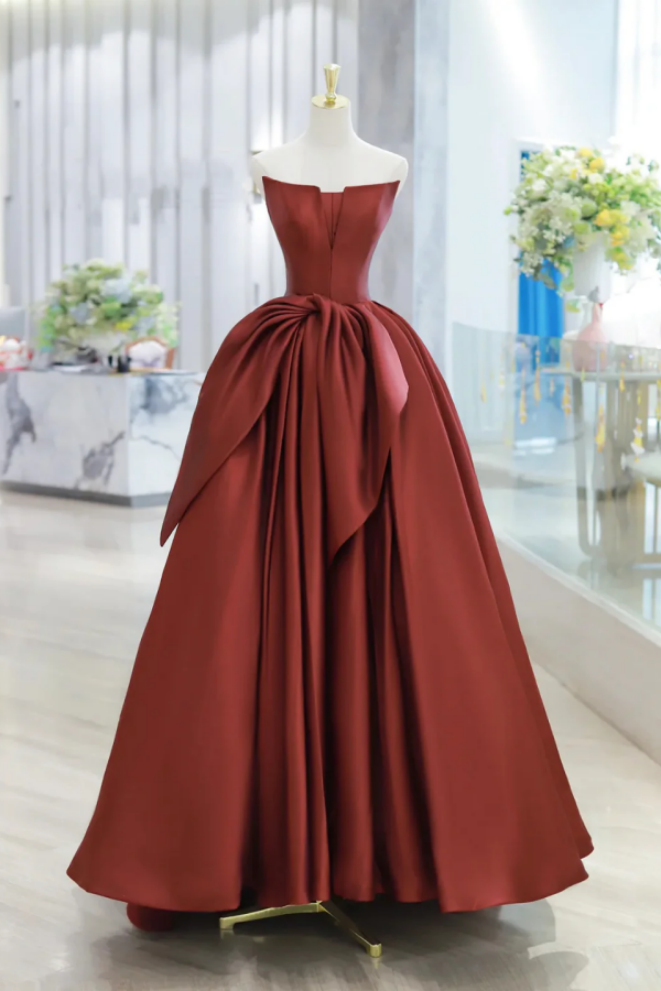 Classic Burgundy Strapless Long Evening Dress Tulle Layered Online