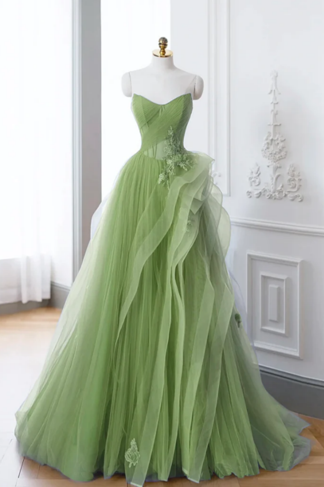 Light Green Tulle with Lace Long Junior Prom Dress, Green Formal Dresses