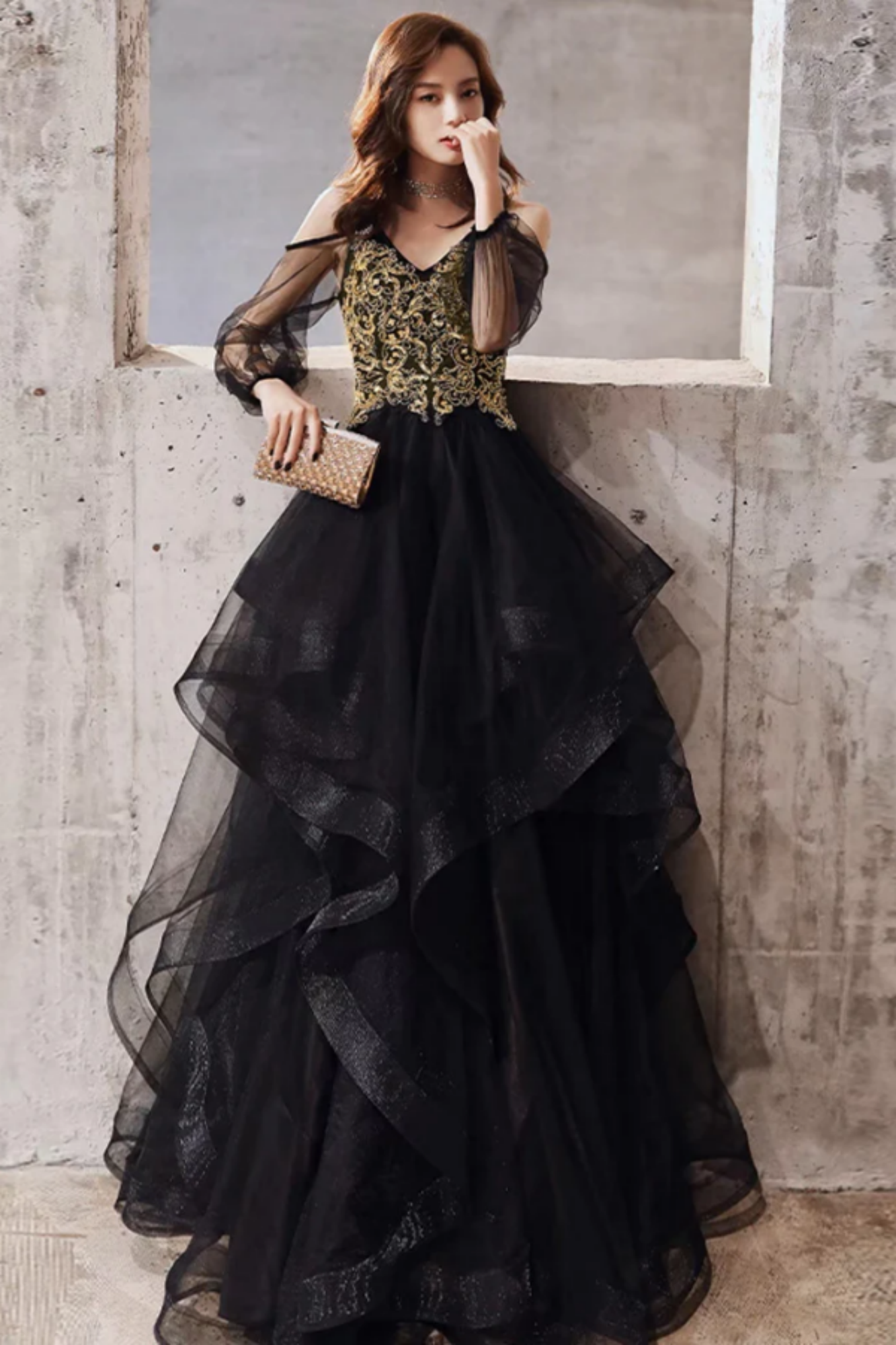 Black Tulle Deep V Neck Long Beaded Prom Dress with Appliques, Puffy Formal Dress UQ1740