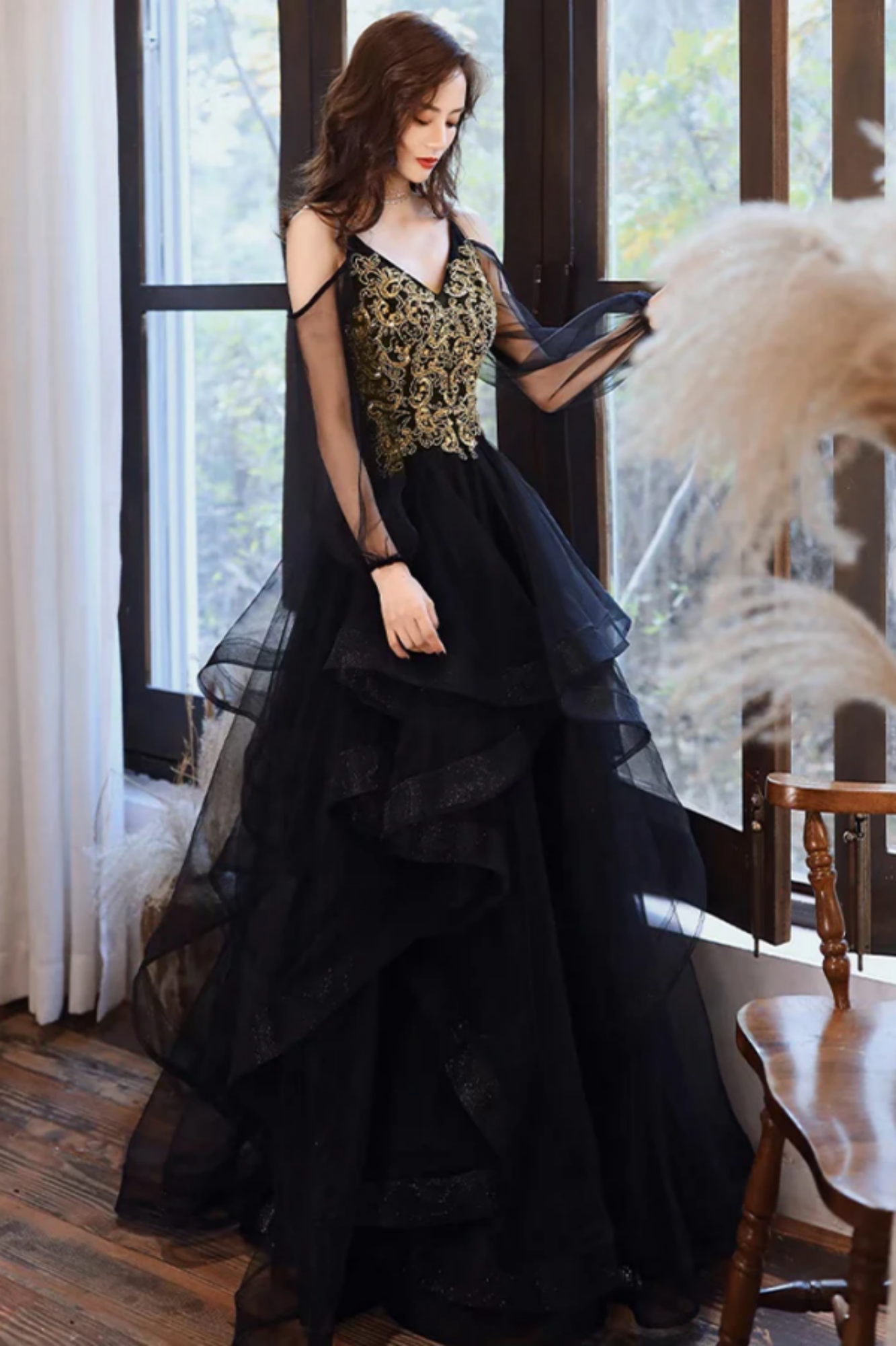 Lovely A line V Neckline Black Tulle Long Prom Dress B658