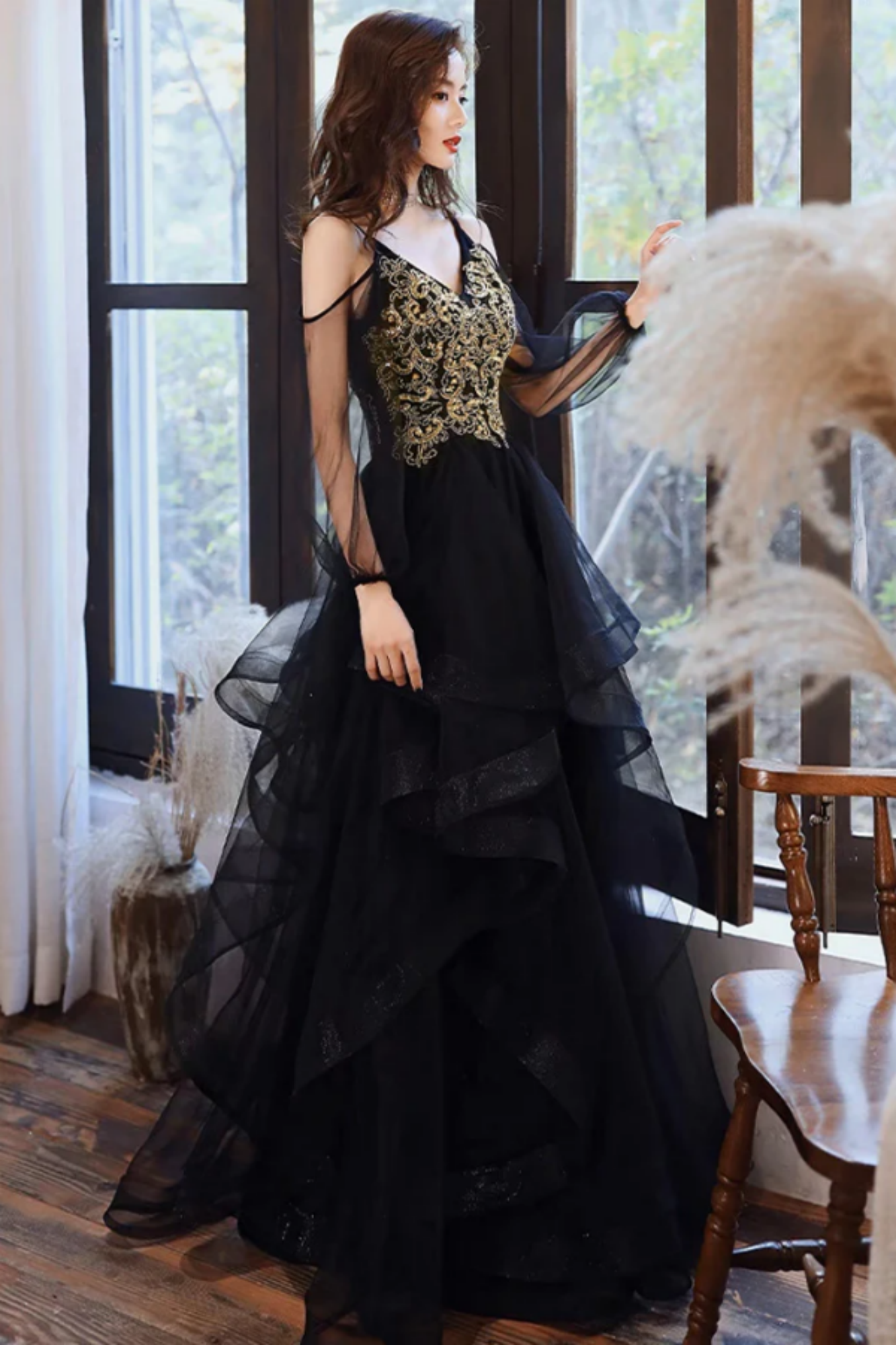 Black Long Prom Dress With Flowers Formal Evening Party Dress Birthday Outfit