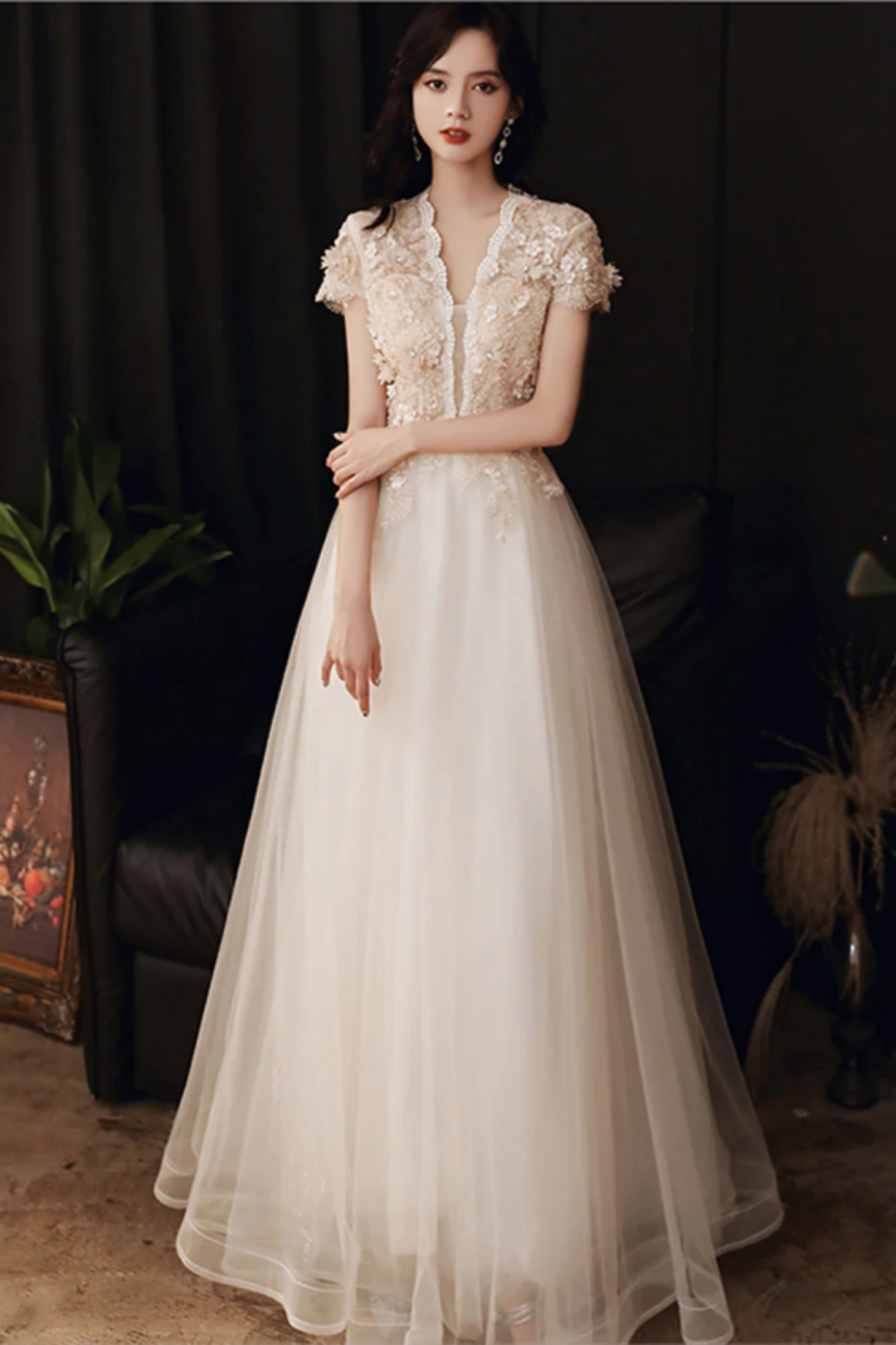 Niulatu champagne tulle lace long prom dress, lace evening dress HZ0113