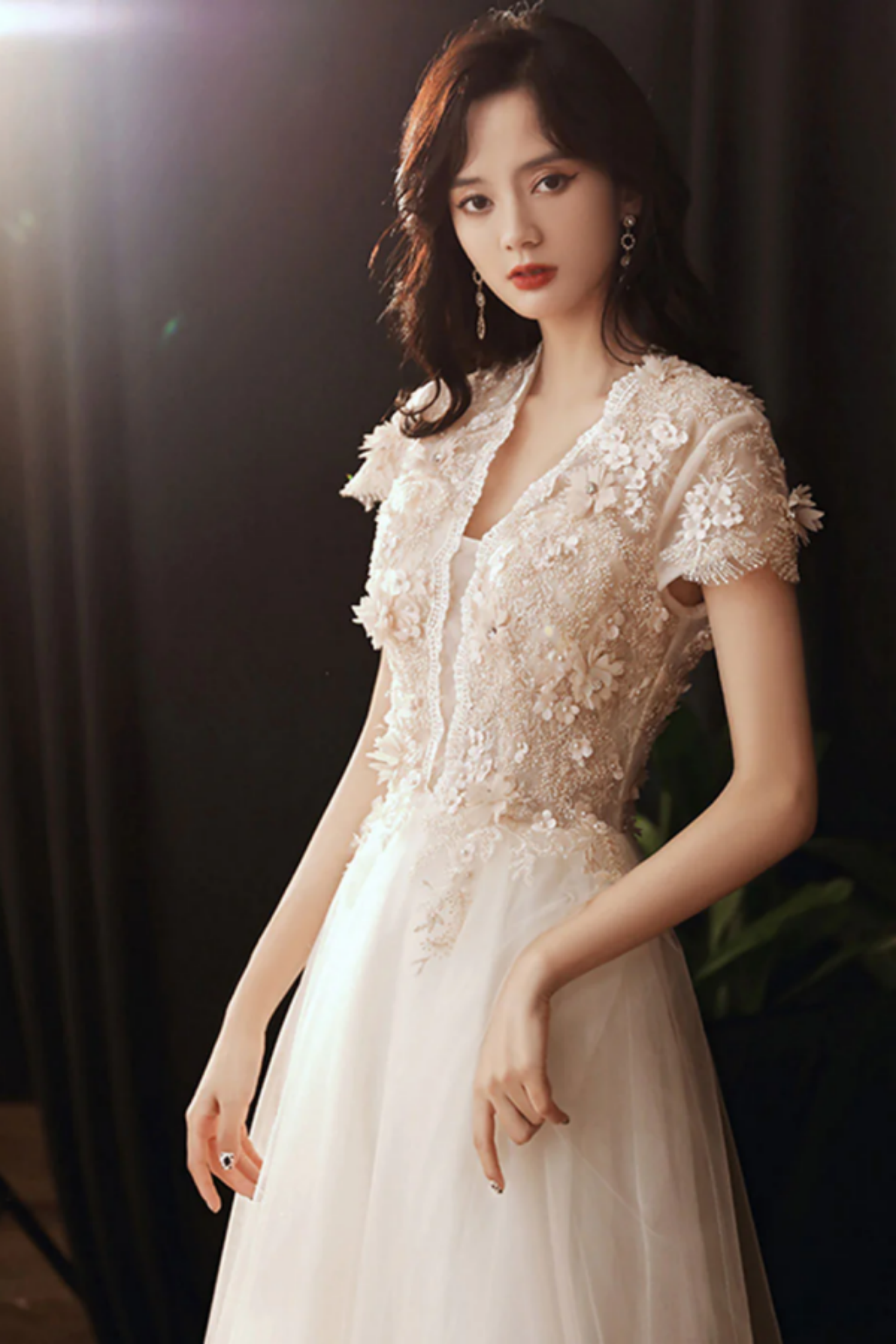 Light champagne tulle lace long prom dress, lace evening dress,DS4586
