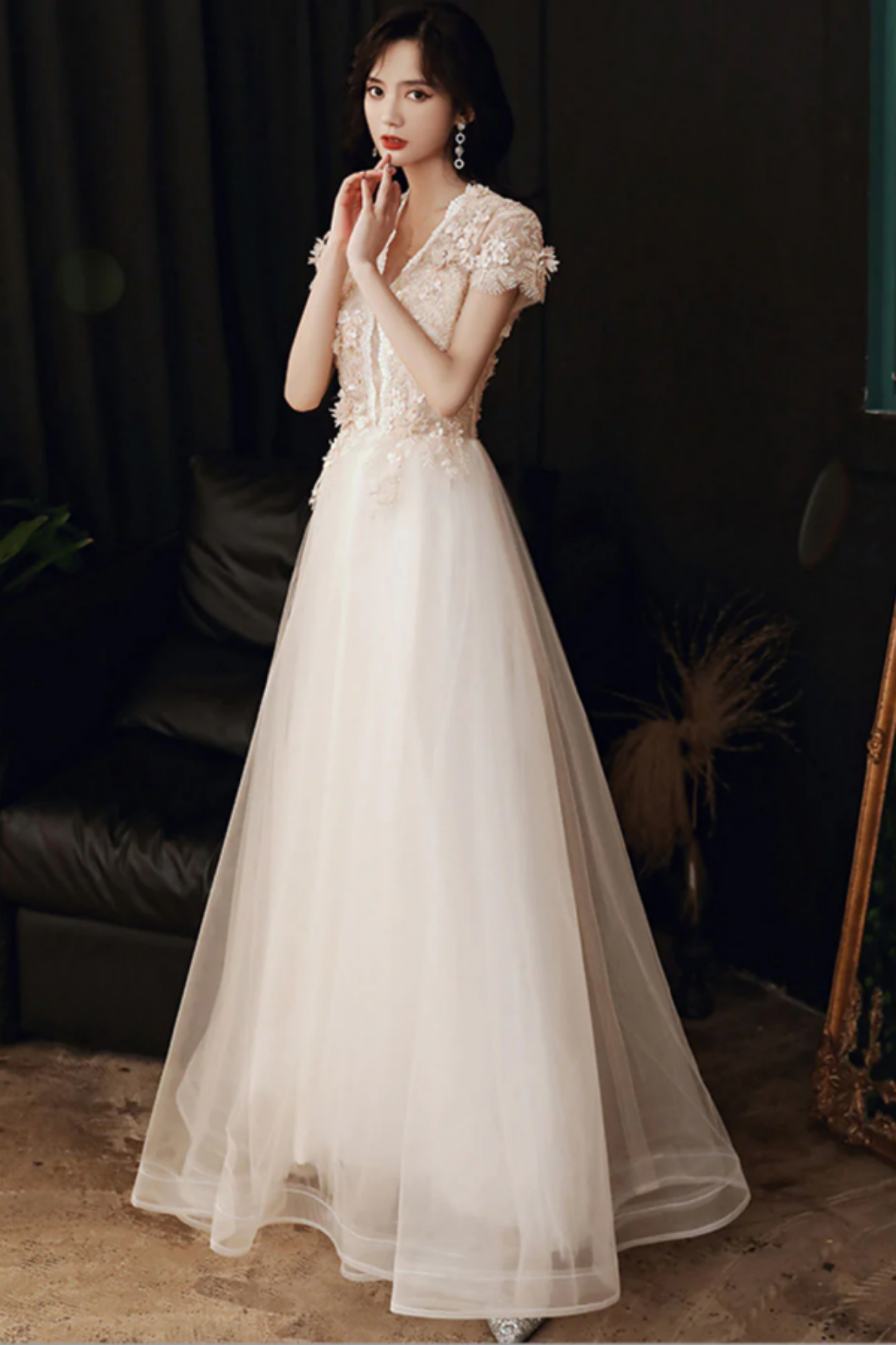Niulatu champagne tulle lace long prom dress, lace evening dress HZ0113 main image 1
