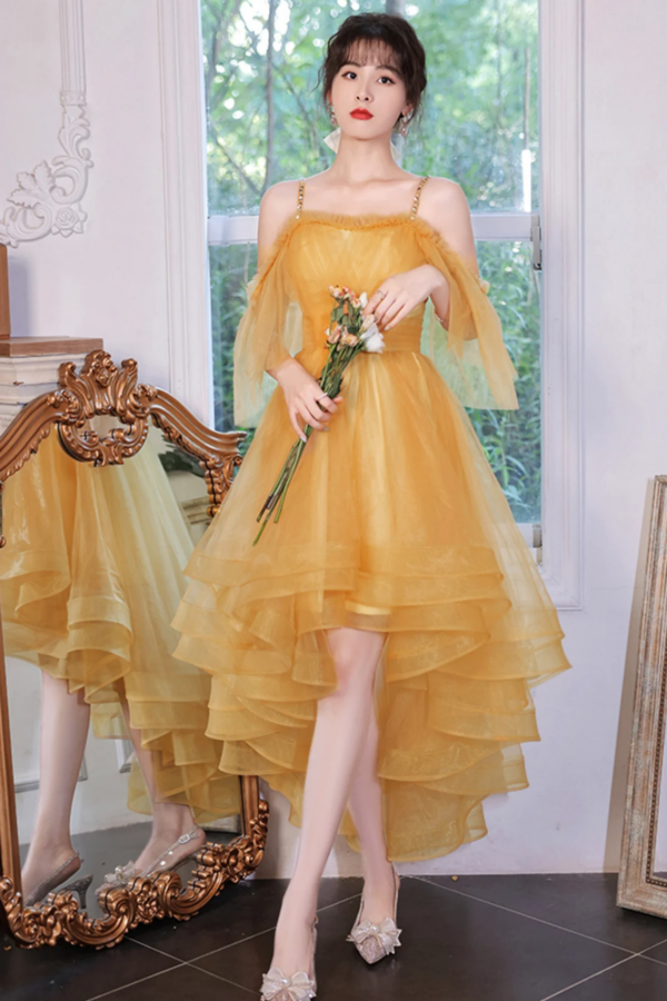 Yellow Unique High Low Tulle with Lace Prom Dress, Yellow Formal Dress Evening Dress   cg21619