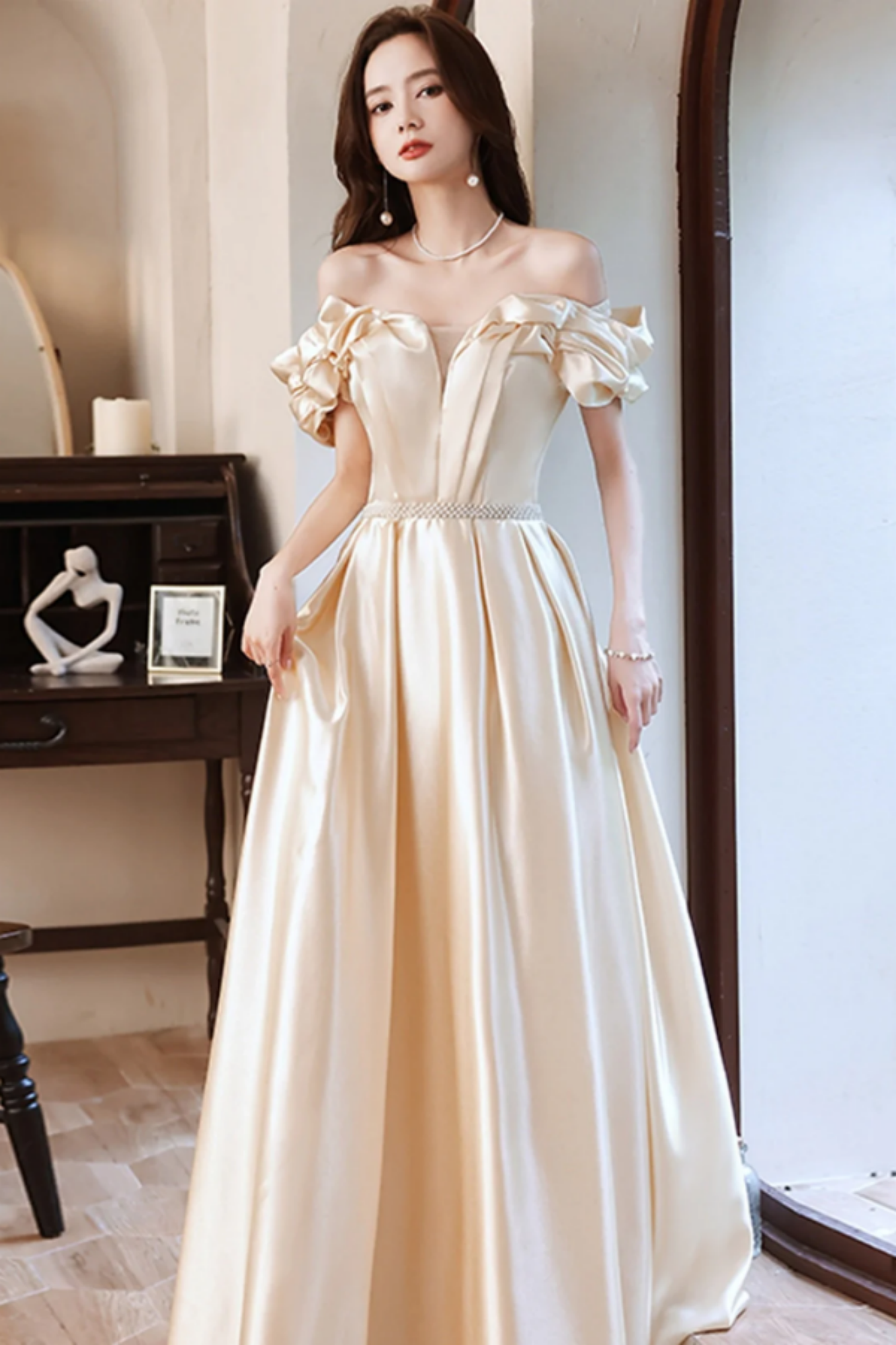 Classy Light Champagne Satin Off The Shoulder Birthday Outfits Homecoming Dress