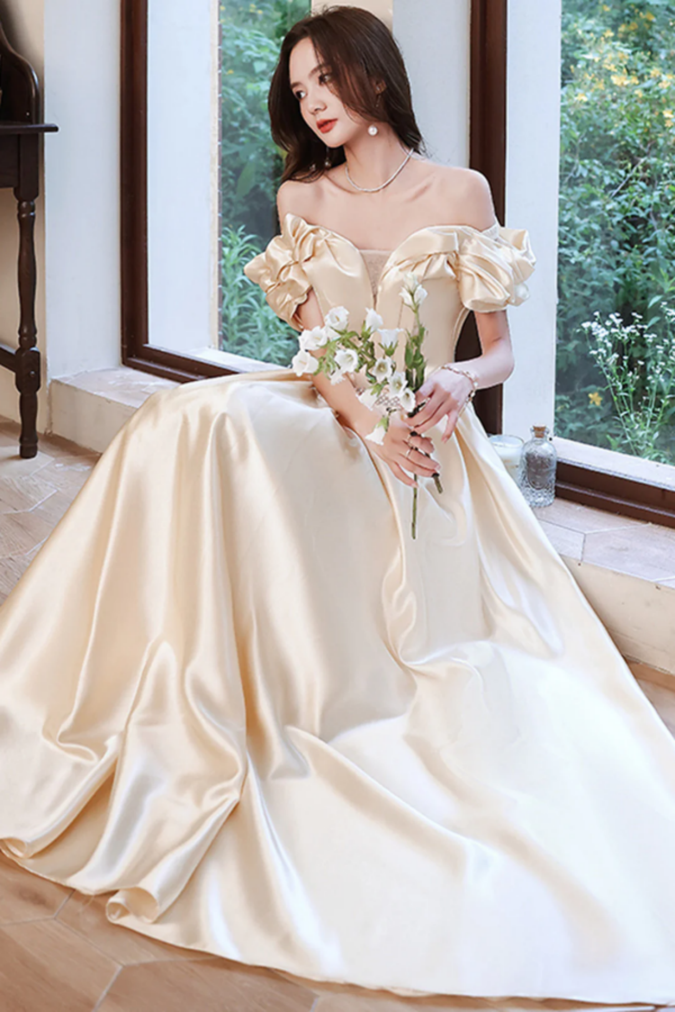 Draped Sweetheart Bodice Satin Formal Dress Peach
