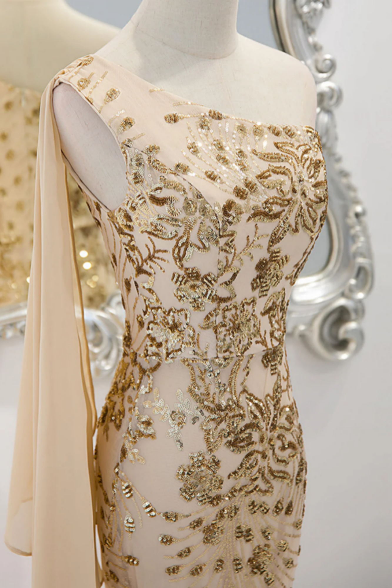 Mermaid Long Sleeves Champagne Sequins Evening Dress with Slit LBQ2324