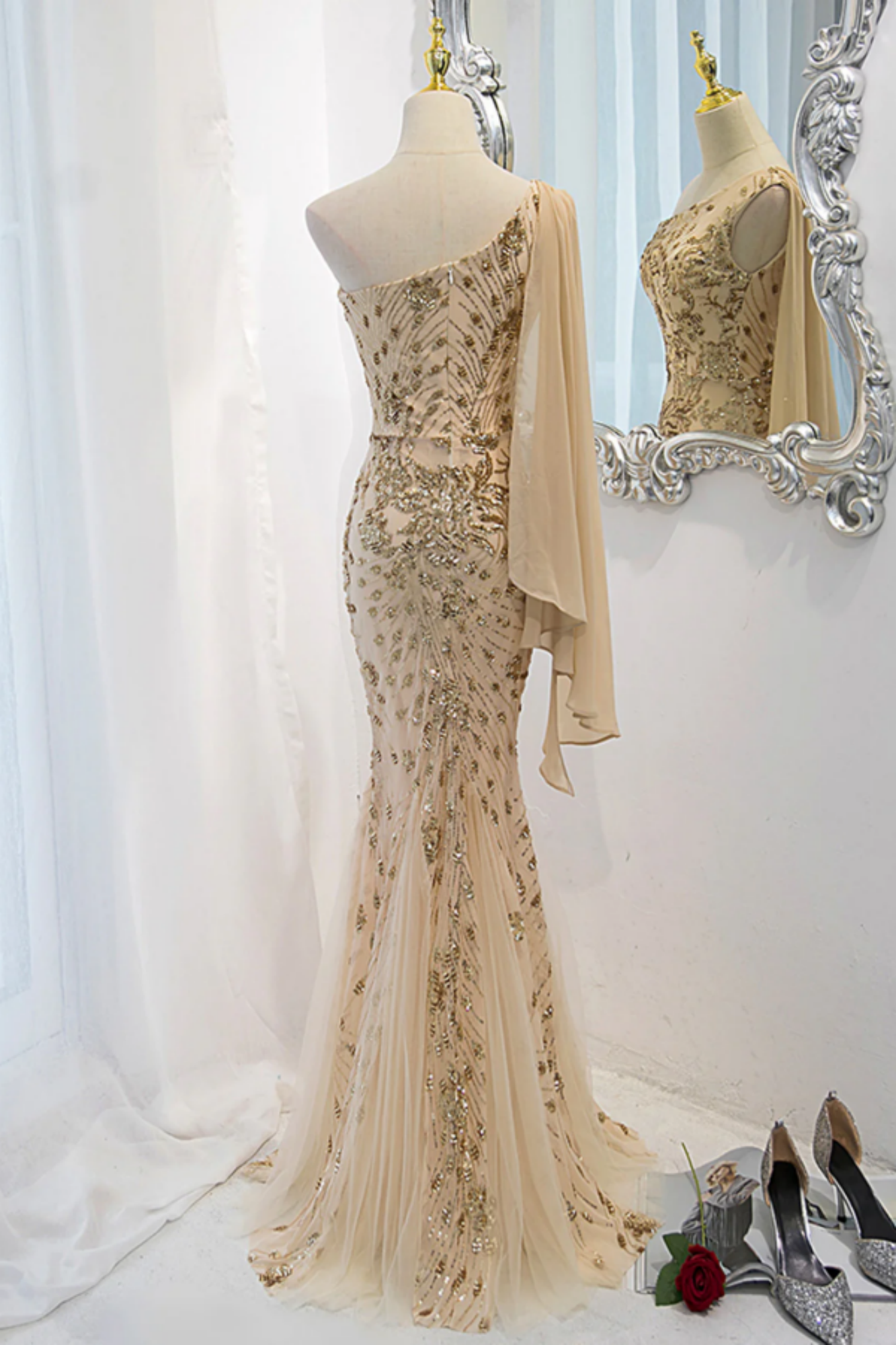 Shiny Champagne Off Shoulder Sequins Mermaid Long Evening Dress, DP2801 main image 1