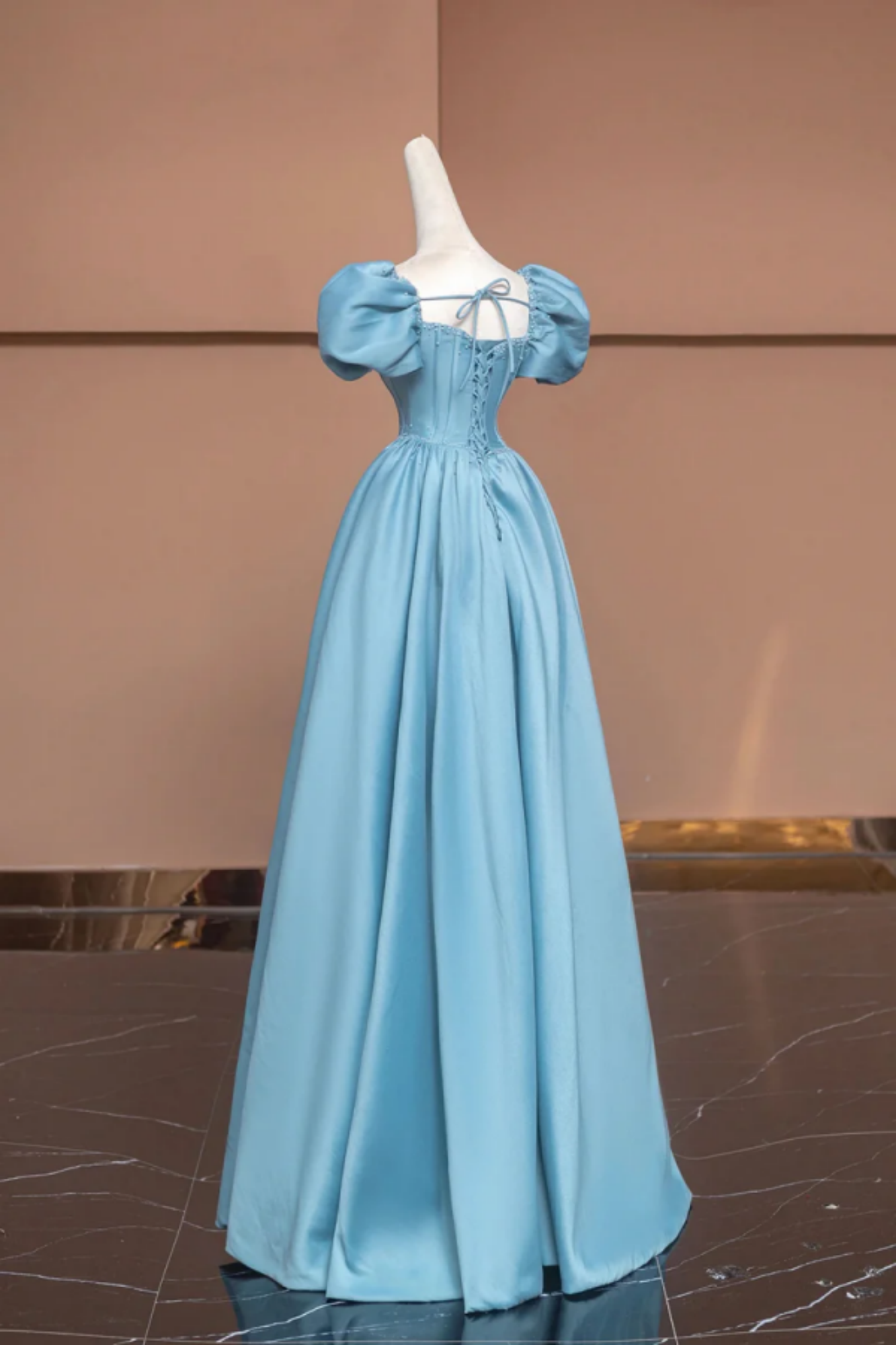 Blue Satin Lace Up Back A-Line Prom Dress With Pockets main image 0