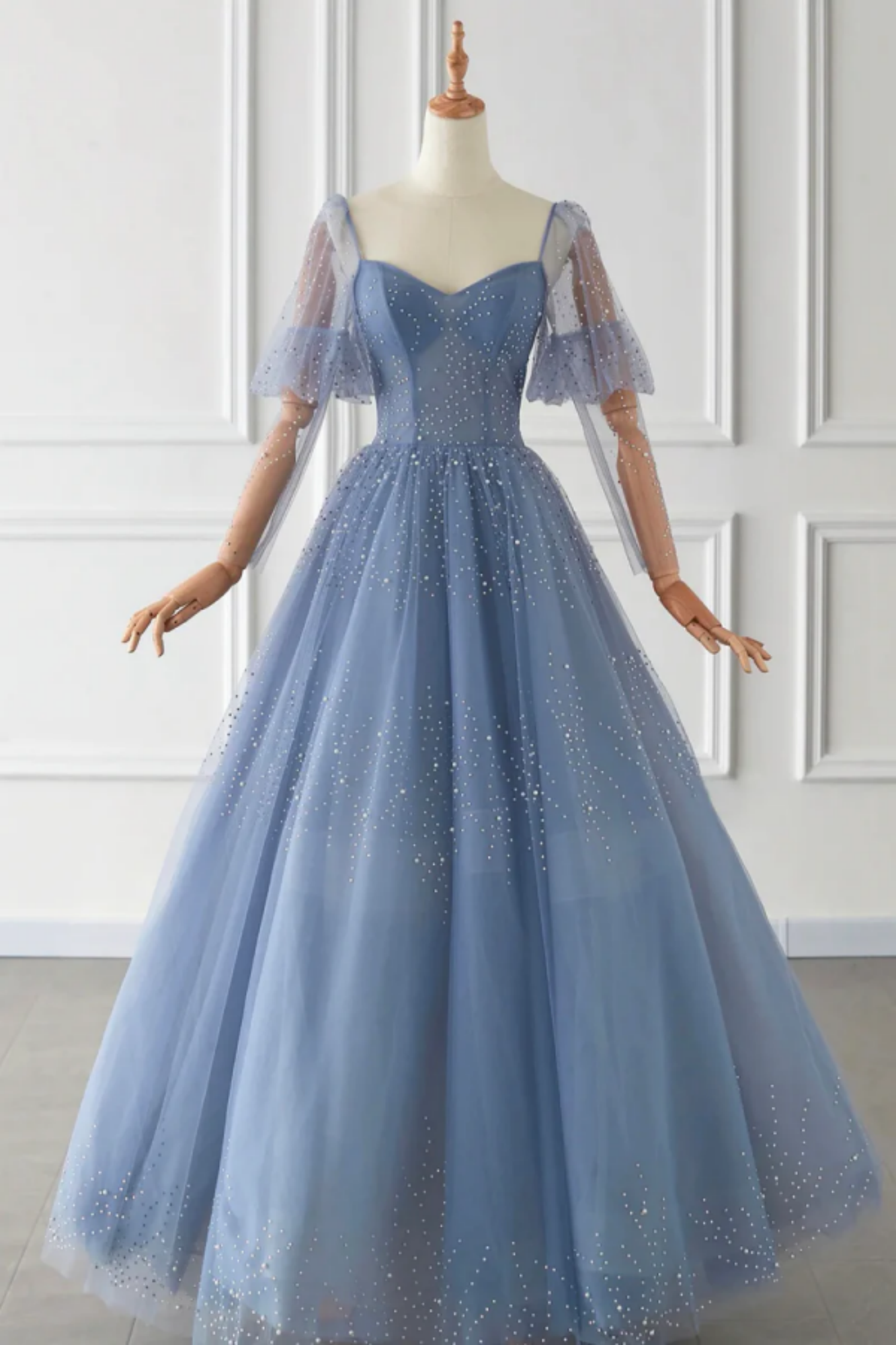 Blue Long Tulle Beaded Prom Dress, Blue Evening Party Dress main image 1