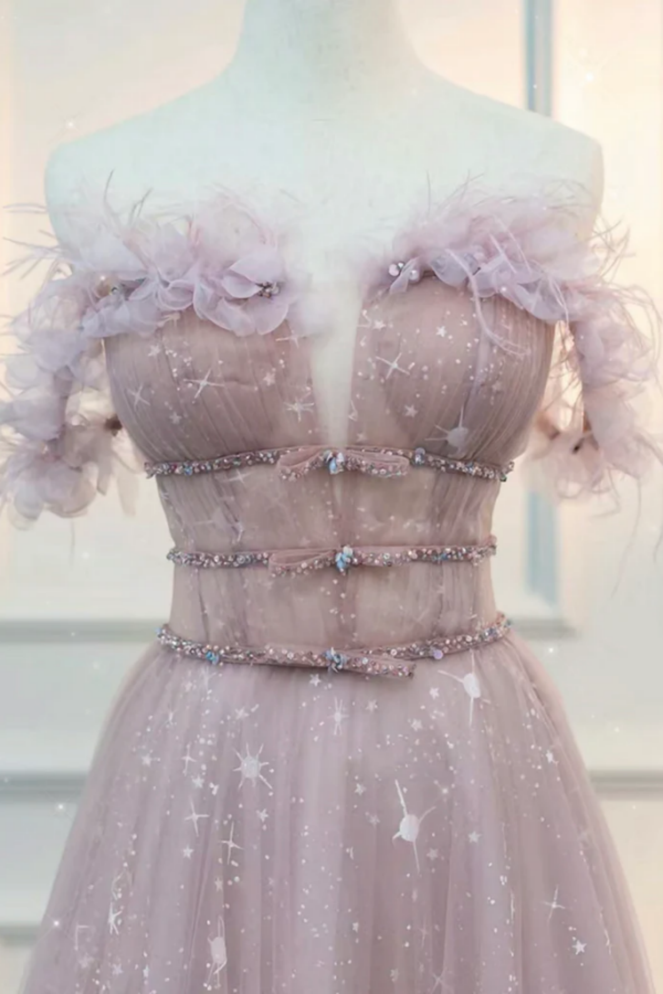 Pink Elegant Off The Shoulder A-Line Tulle Long Prom Dress,DP1424