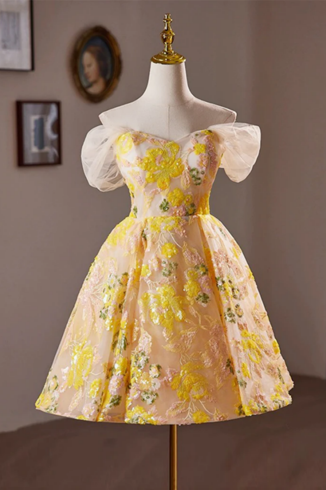 Tiered Skirt Yellow Homecoming Dresses Short Prom Dress Satin Prom Gown PD372 main image 0