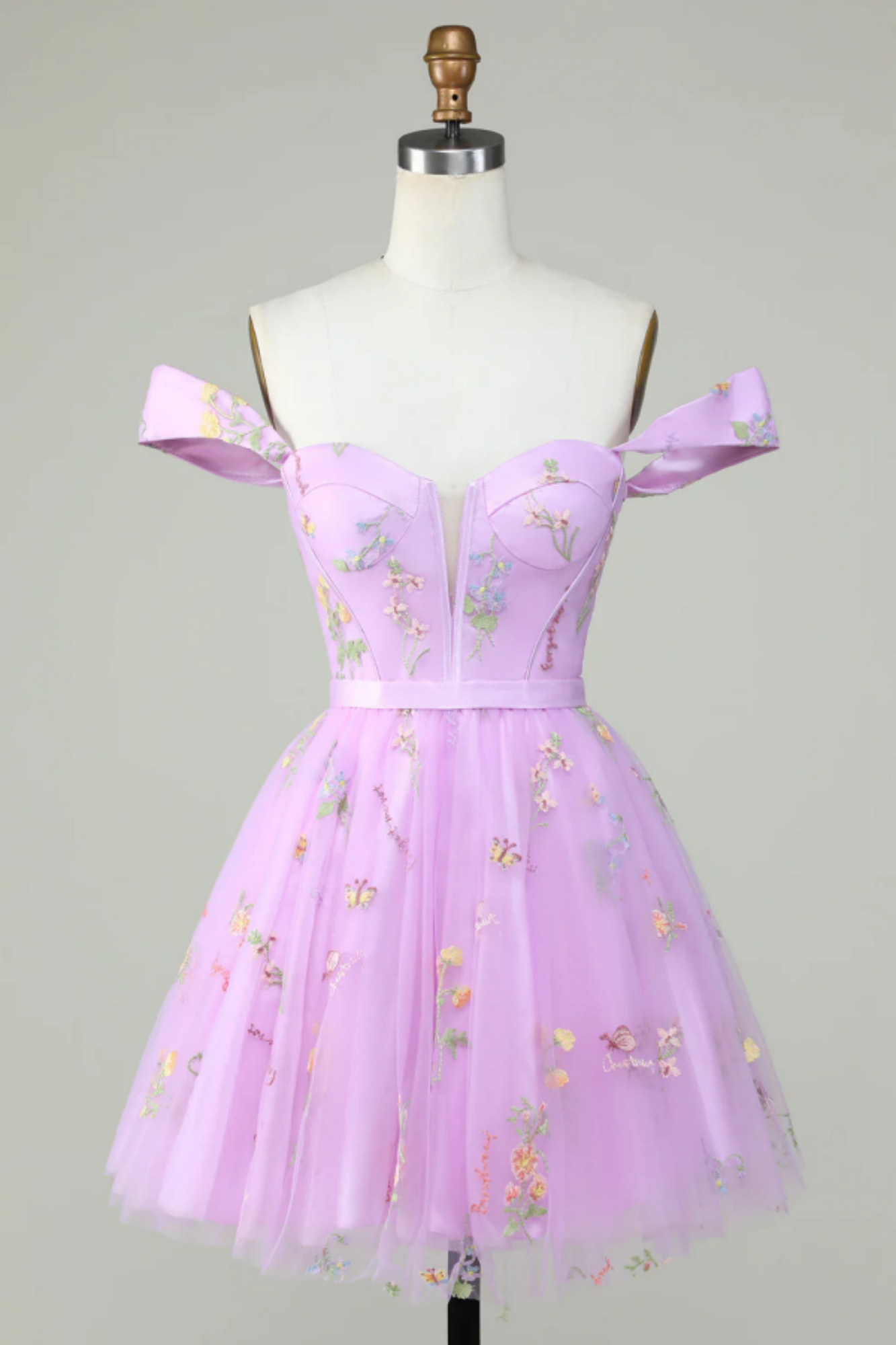 Lavender Embroidery Strapless Tiered Homecoming Dress