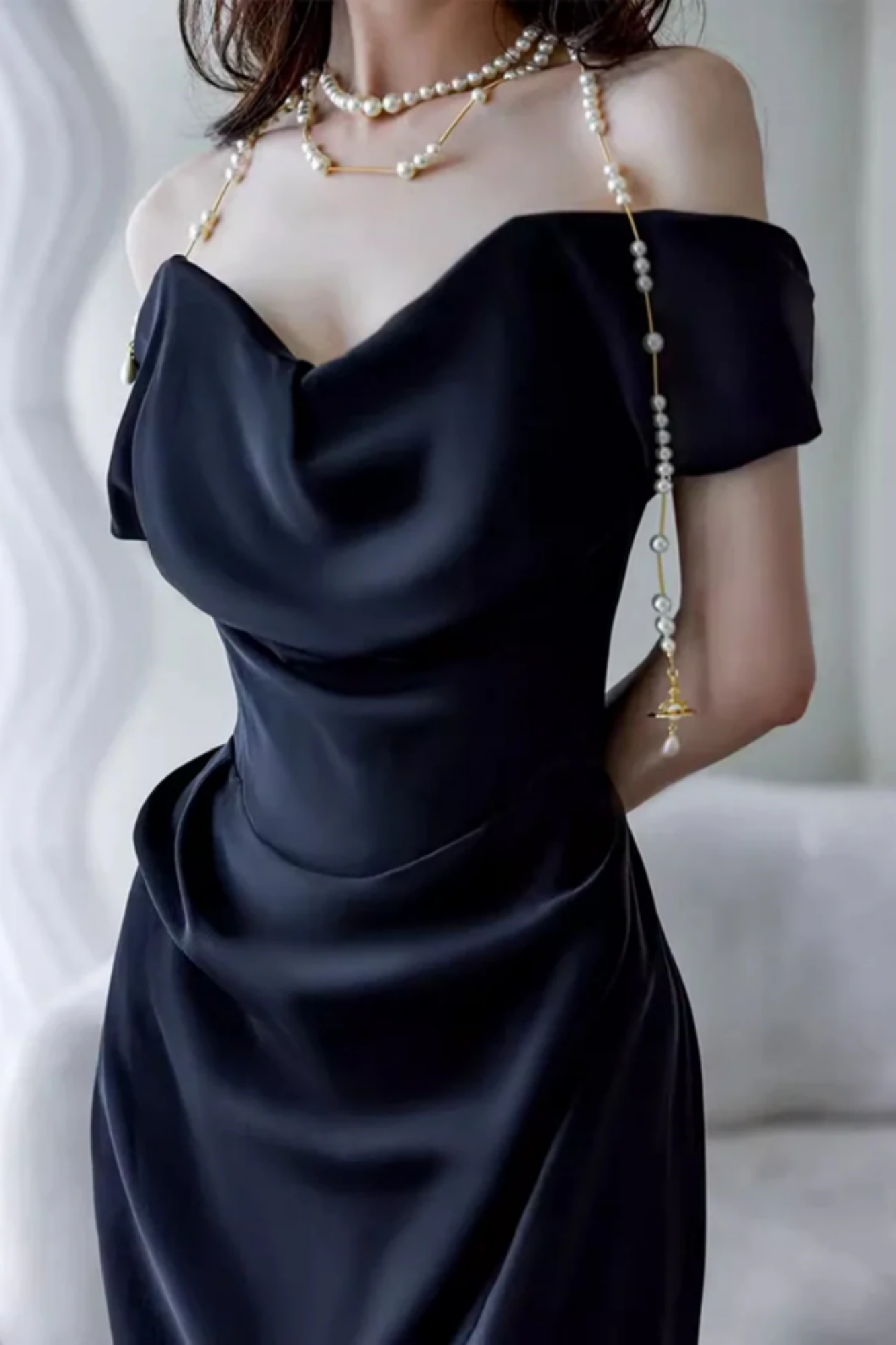 Elegant Black Slim-Fit Off-The-Shoulder Satin Long Classy Prom Dress